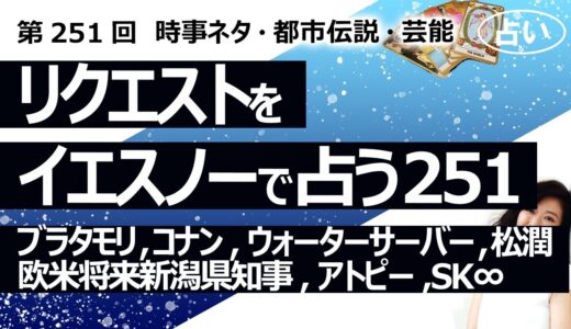 【251回目】イエスノーでリクエストを占うコーナー……ブラタモリ、コナン、ウォーターサーバー 水道、松本潤、欧米将来、新潟県知事、アトピー原因、SK∞【占い】（2023/8/1撮影）